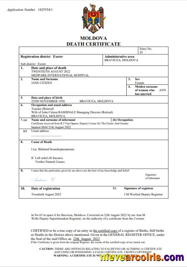 Moldova death certificate